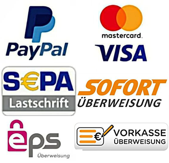 Paypal, Sofortüberweisung, Kreditkarte, Vorkasse, EPS