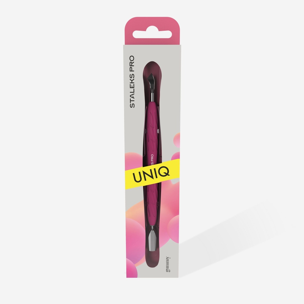 Manicure pusher with silicone handle “Gummy” UNIQ 10 TYPE 4.2 (narrow rounded pusher + bent blade)